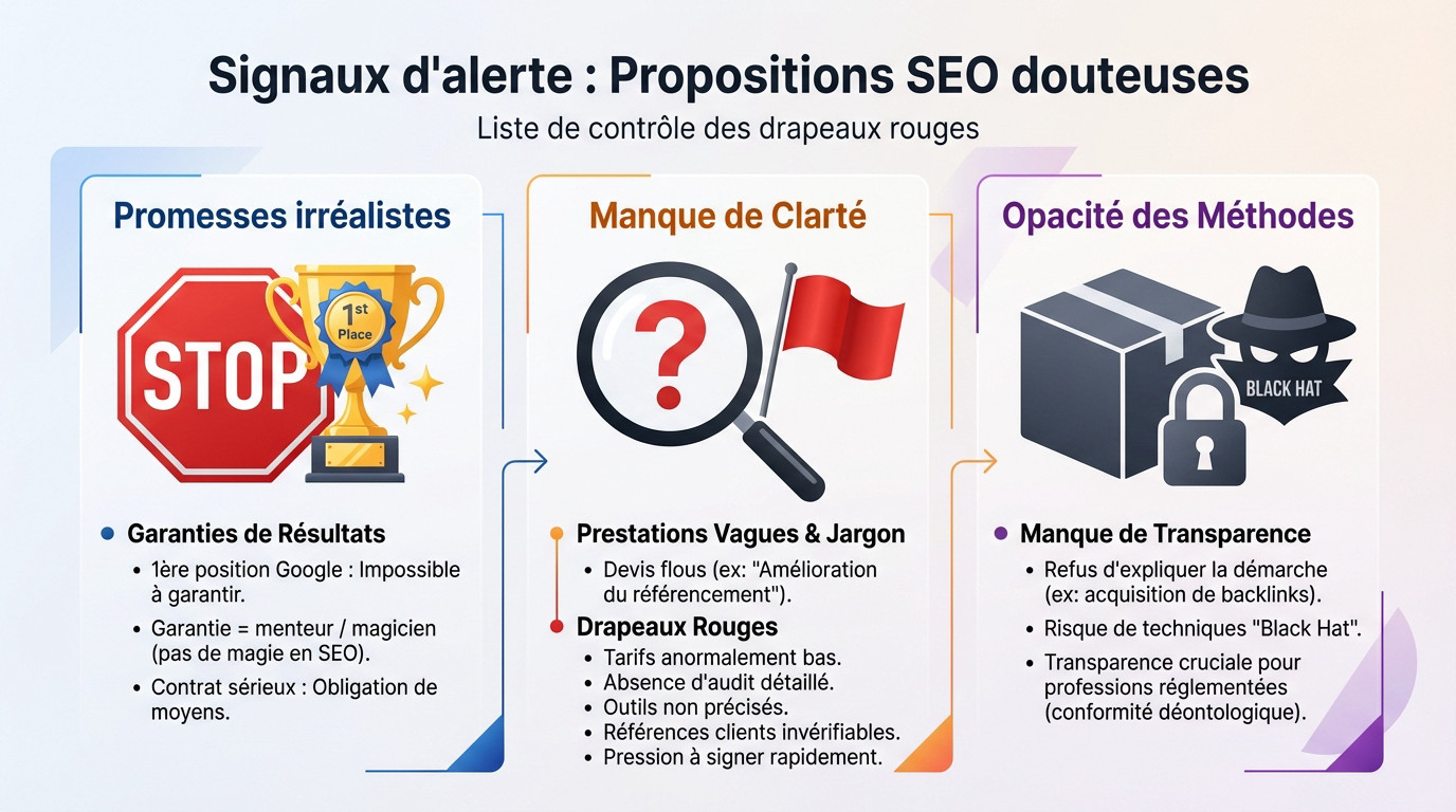 Illustration des signaux d'alerte sur un devis SEO : loupe sur les clauses abusives et les promesses irréalistes