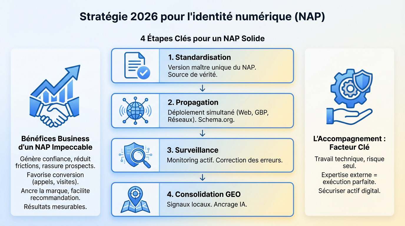 Schéma illustrant la stratégie de consolidation de l'identité numérique NAP pour 2026