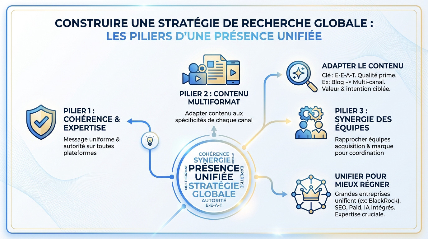 Illustration des trois piliers d'une stratégie de recherche globale : cohérence de marque, contenu multiformat et synergie des équipes