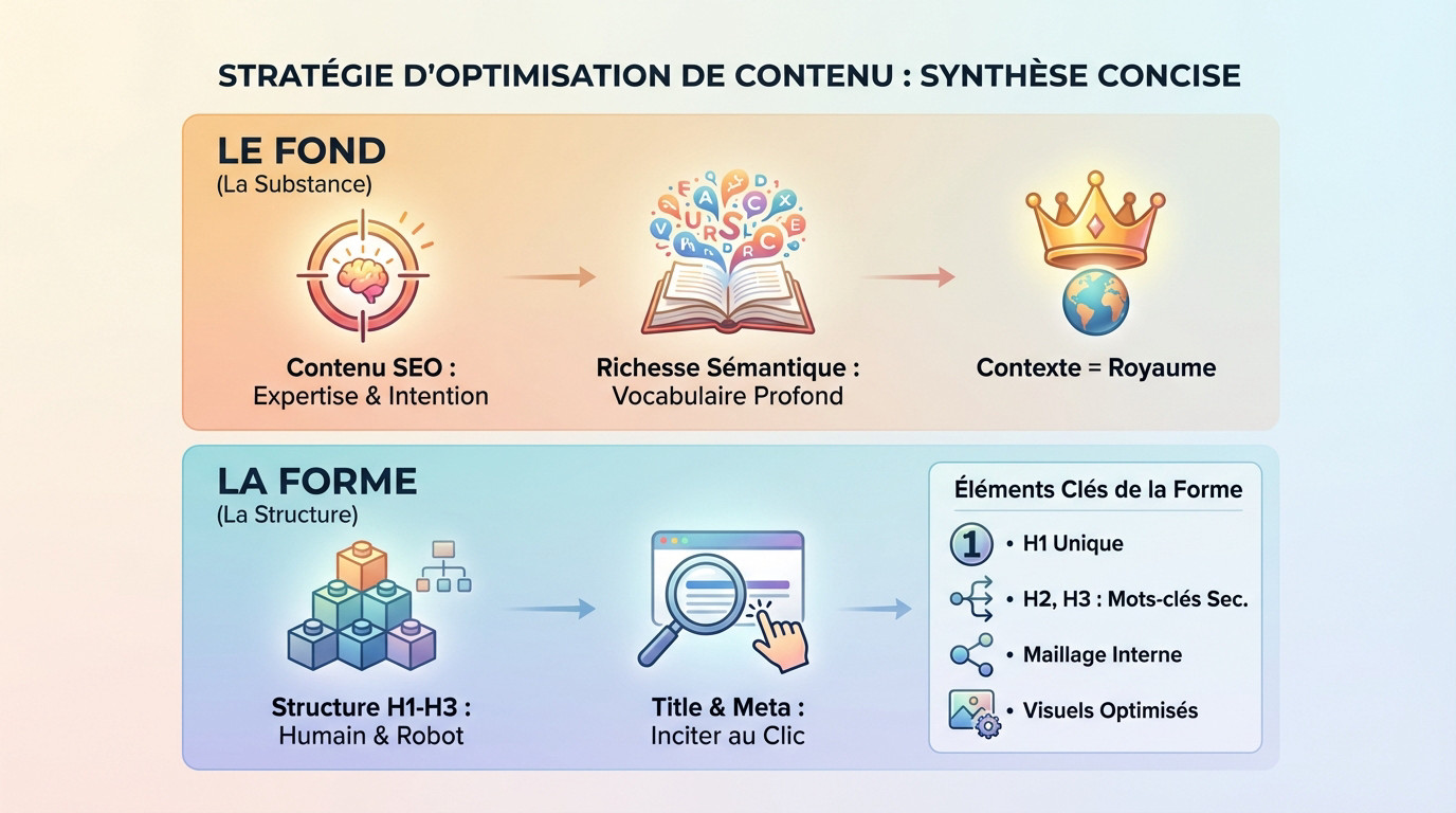 Schéma synthétique illustrant la stratégie d'optimisation de contenu et la structure sémantique