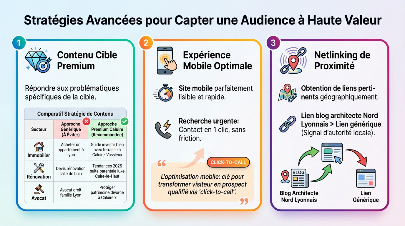 Stratégie SEO premium ciblant une audience à haute valeur ajoutée à Caluire-et-Cuire