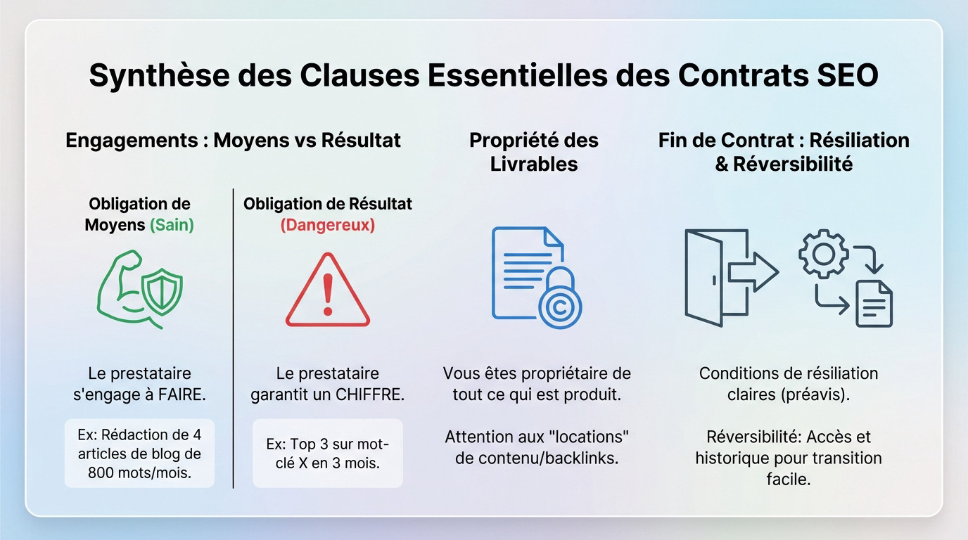 Tableau comparatif entre obligation de moyens et de résultat dans un contrat SEO