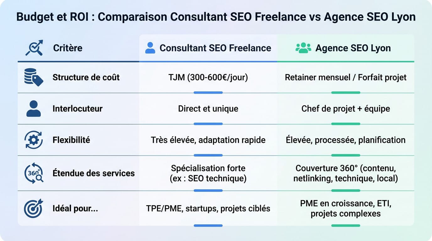 Comparatif budget et ROI entre un consultant SEO freelance et une agence SEO à Lyon