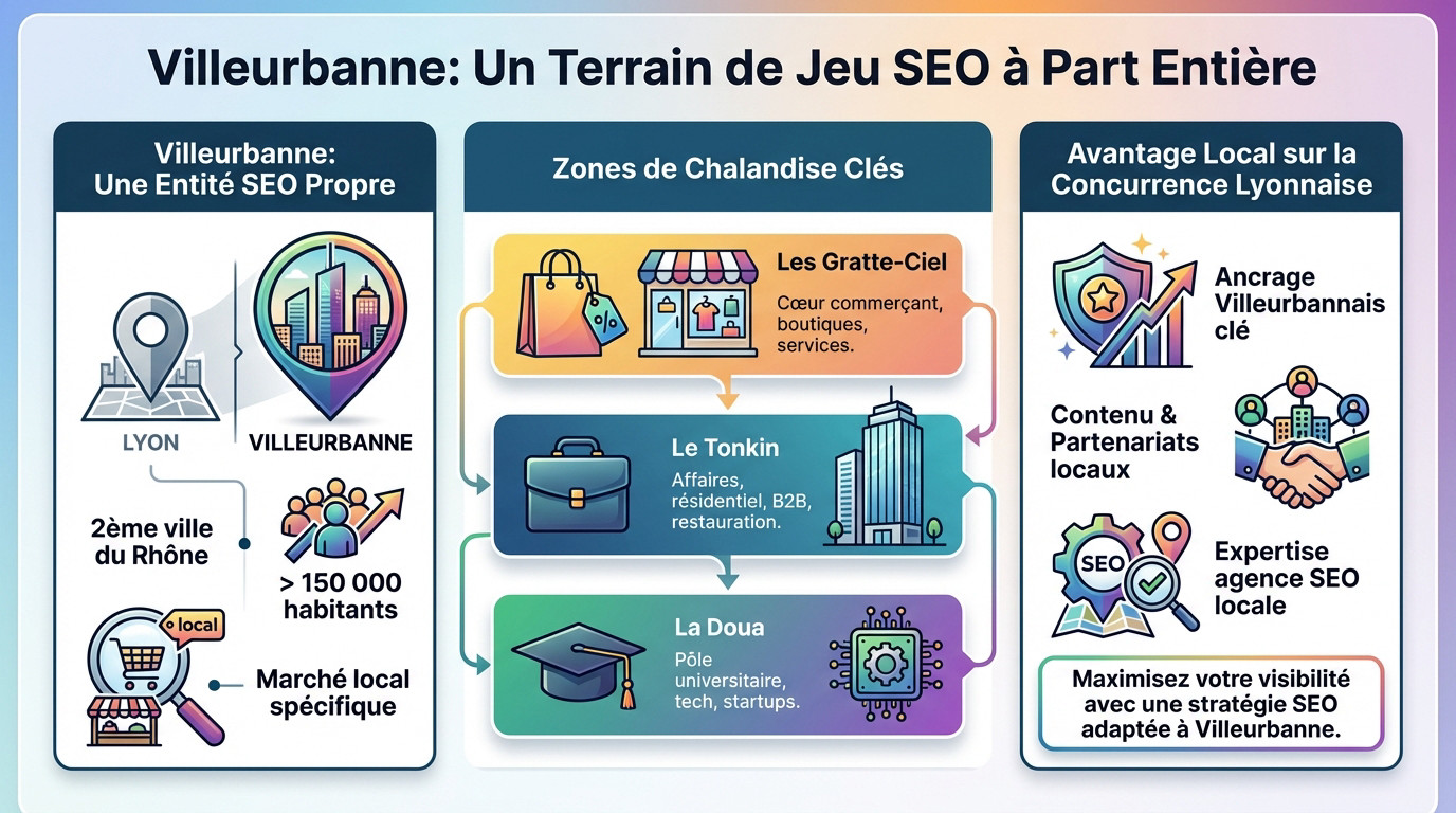 Panorama urbain de Villeurbanne illustrant les opportunités de référencement local spécifiques à la ville