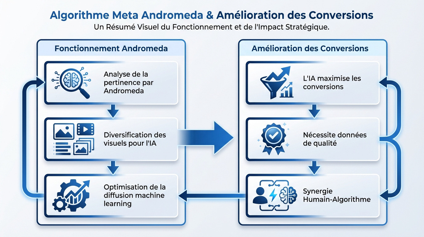 Schéma de l'algorithme Meta Andromeda pour l'amélioration des conversions publicitaires