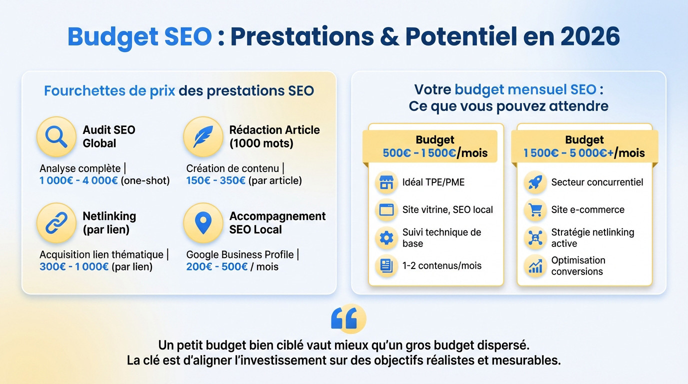 Graphique illustrant le rapport entre budget SEO et potentiel de résultats en 2026