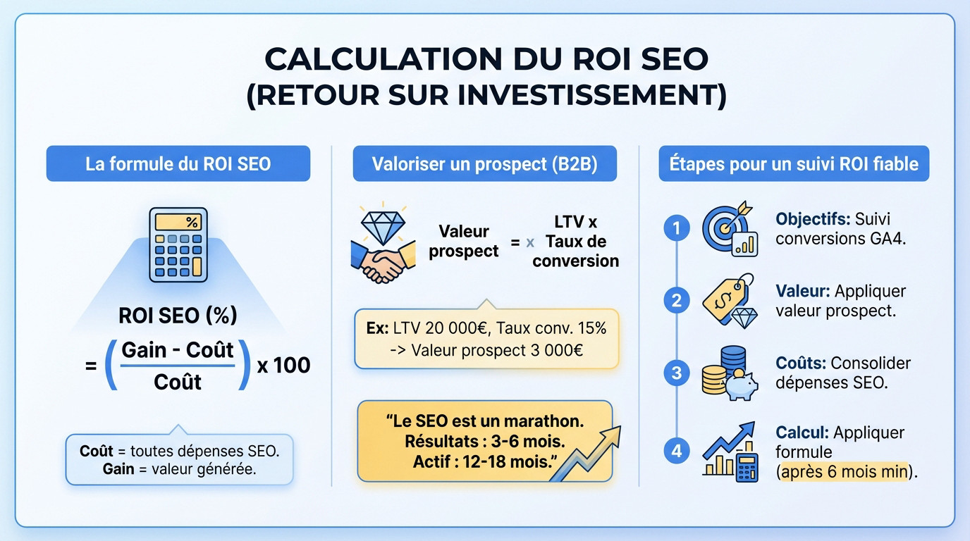 Schéma explicatif du calcul ROI SEO et suivi des conversions
