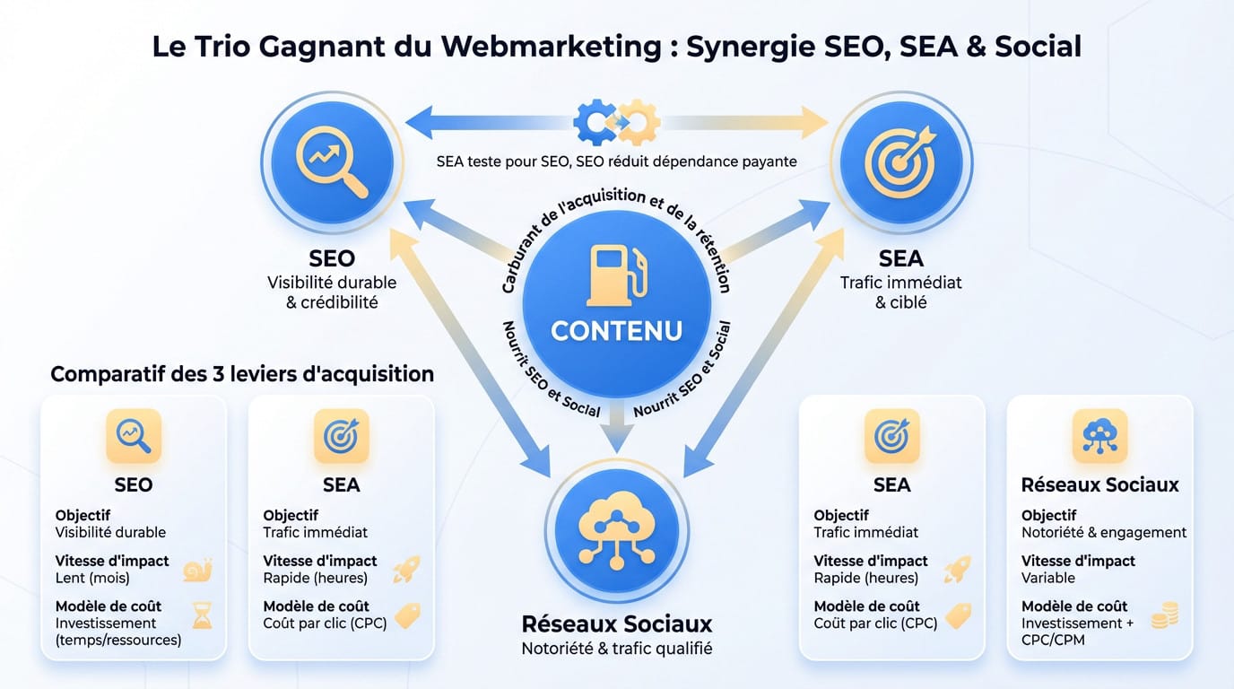 Schéma illustrant la synergie entre SEO, SEA et Social Media pour une stratégie marketing 360 degrés