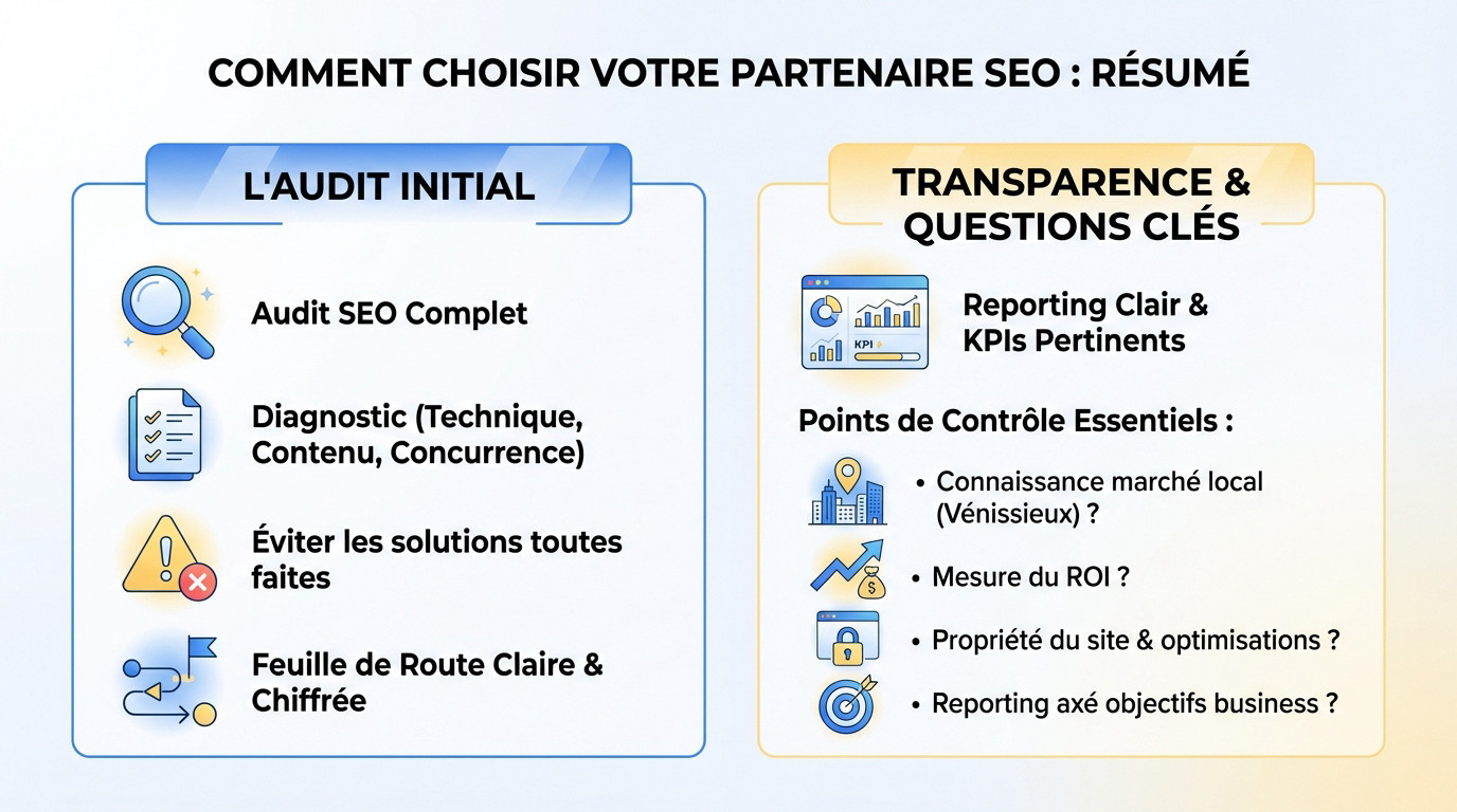 Réunion stratégique pour choisir un partenaire SEO à Vénissieux avec analyse de données sur tablette