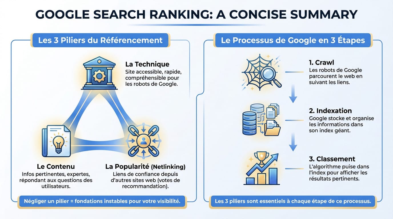 Schéma illustrant les 3 piliers du SEO et le processus de crawl, indexation et classement