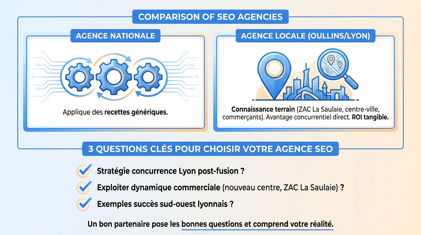 Comparaison entre une agence SEO nationale et une agence locale experte du marché d'Oullins