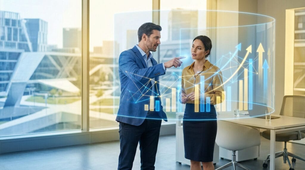 Consultants devant graphique de croissance dans bureau lyonnais, audit SEO ouest Lyon