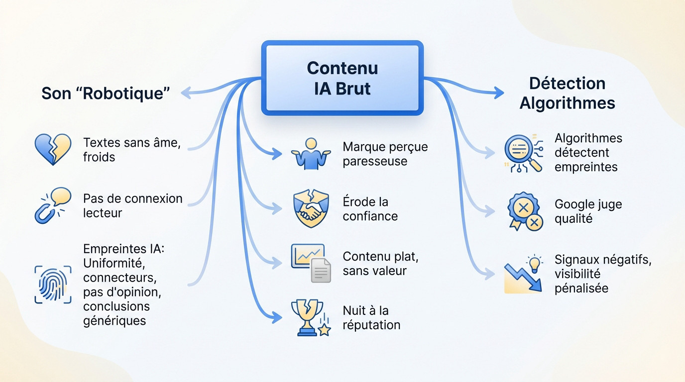 Illustration des pièges d'un contenu IA brut : robotique, perte de crédibilité et détection algorithmique
