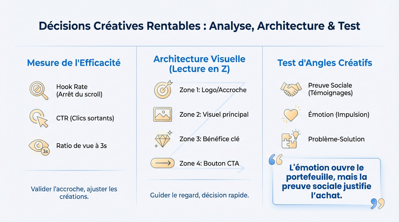 Analyse de l'architecture visuelle et des tests créatifs pour la rentabilité publicitaire