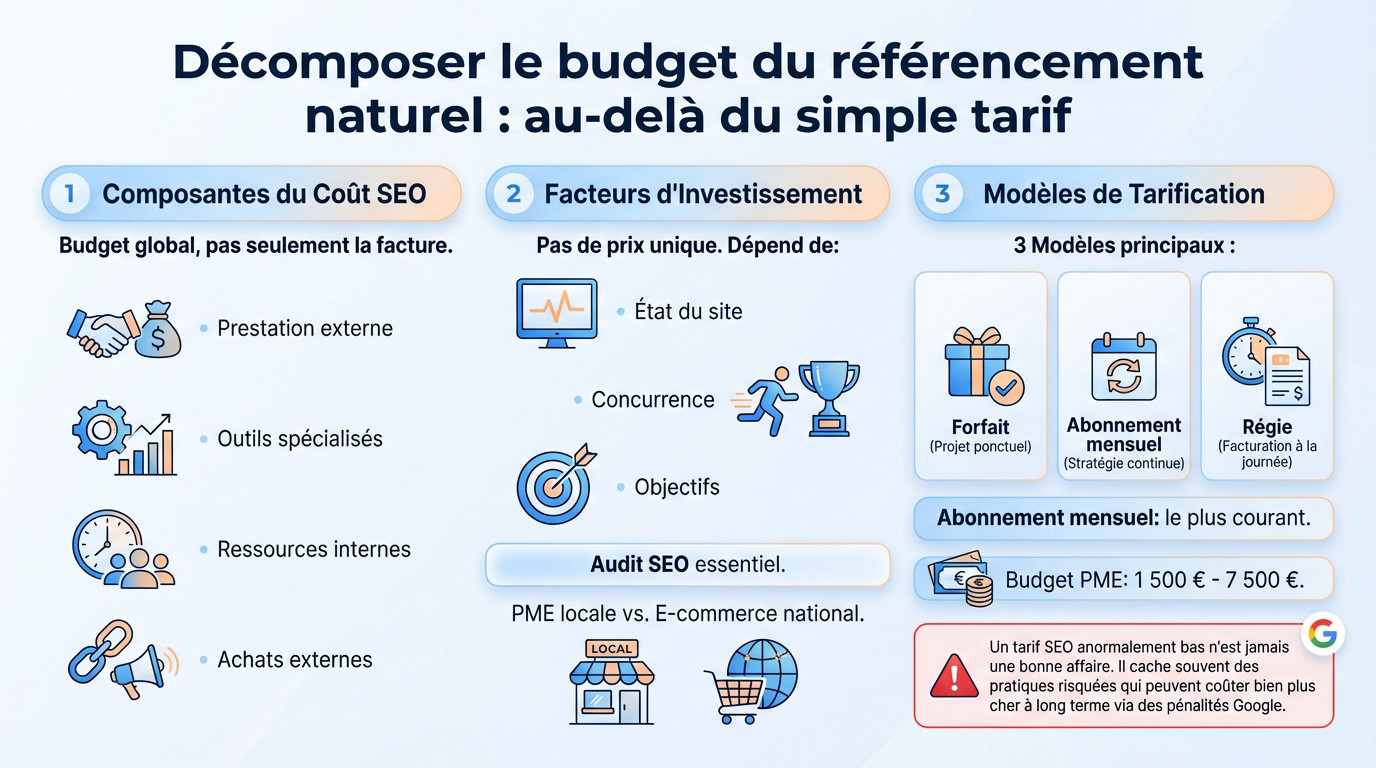 Schéma décomposant les différents coûts d'un budget SEO global