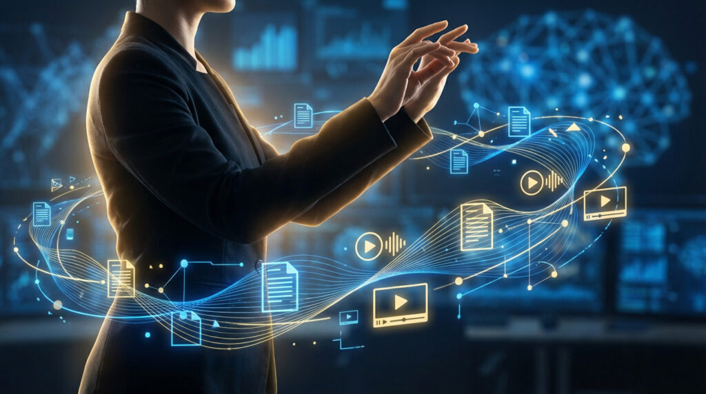 Anonymous individual conducting glowing blue and gold digital data streams with icons for text, video, and audio, in a futuristic setting.