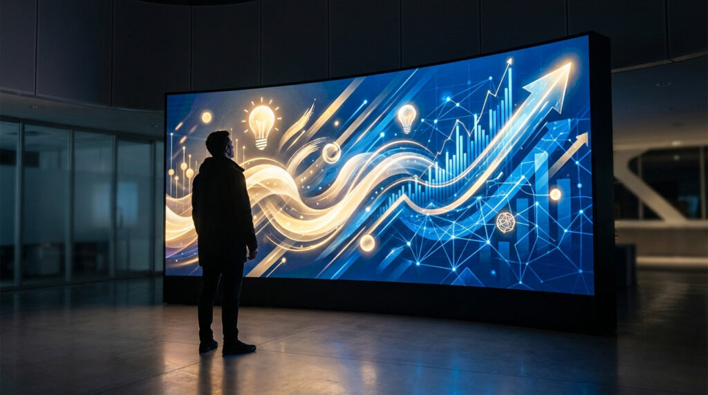 Man views large curved screen with glowing blue data visualizations, golden idea forms, and upward trends in a modern setting.