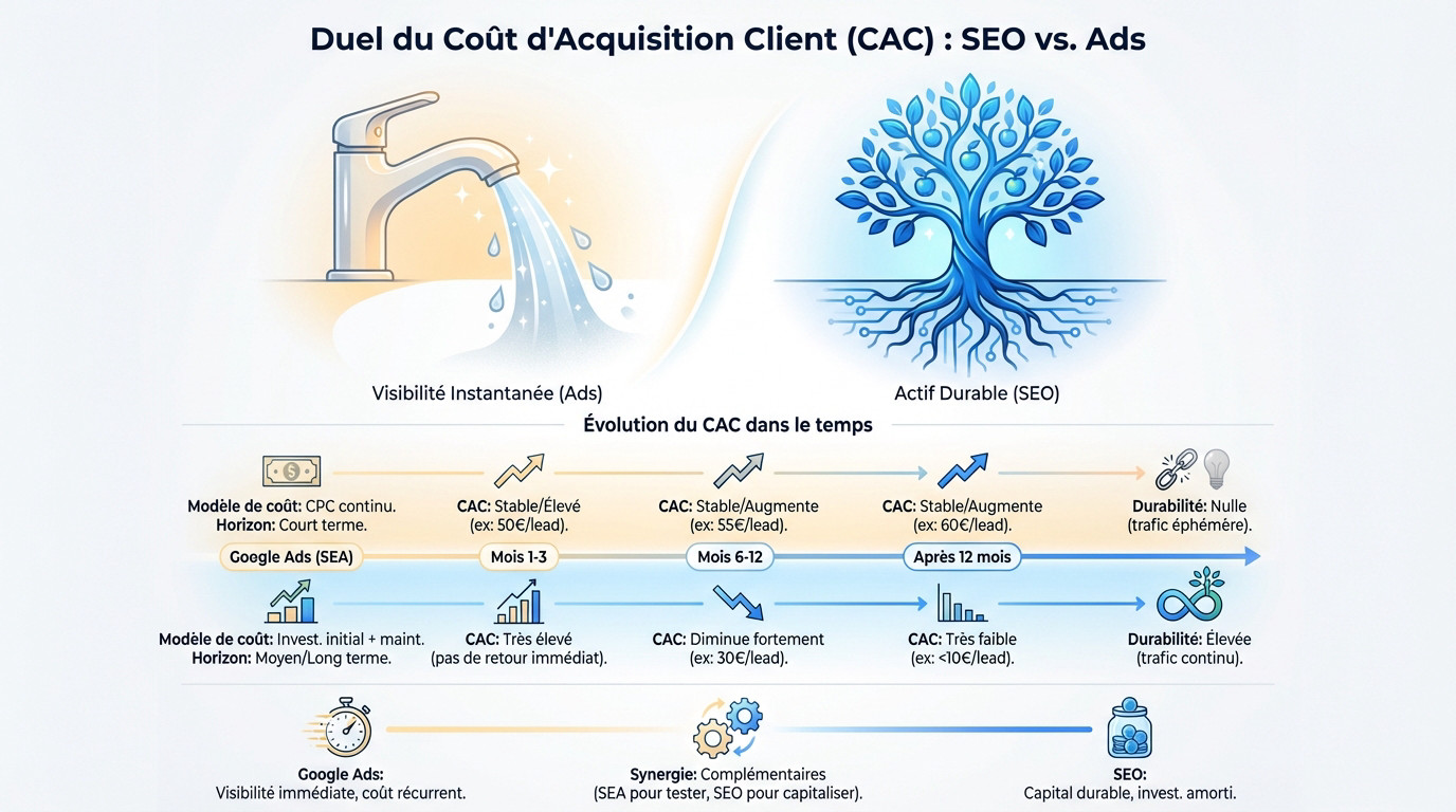 Graphique comparatif montrant l'évolution croisée du coût d'acquisition client entre le SEO et Google Ads sur 12 mois