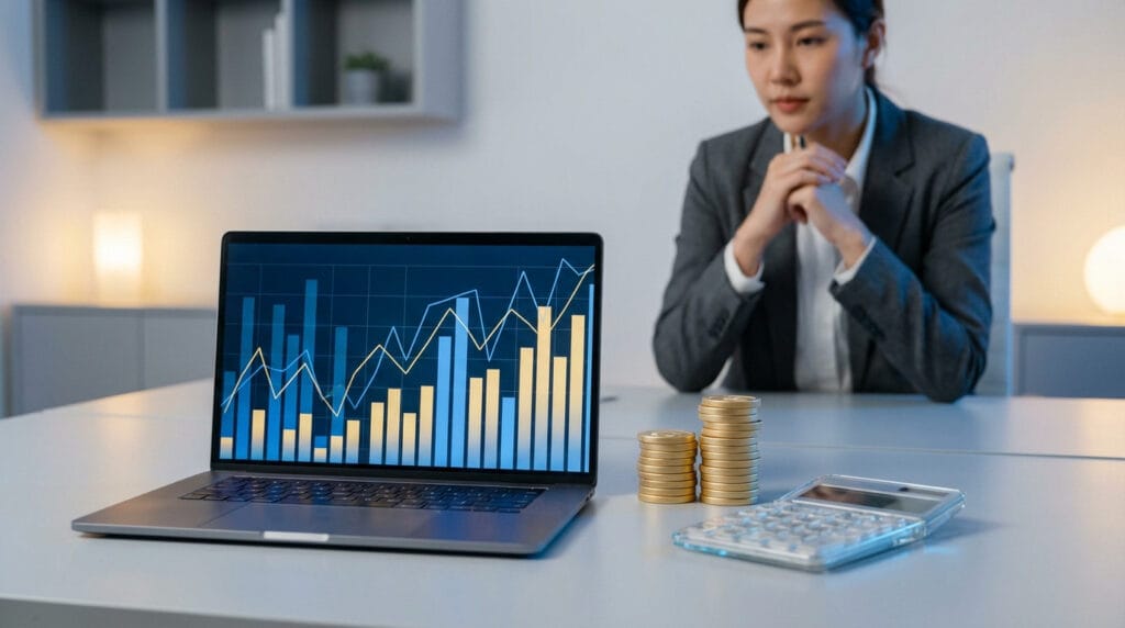 femme analysant graphiques sur ordinateur évoque la stratégie SEO chiffrée d'un consultant lyonnais