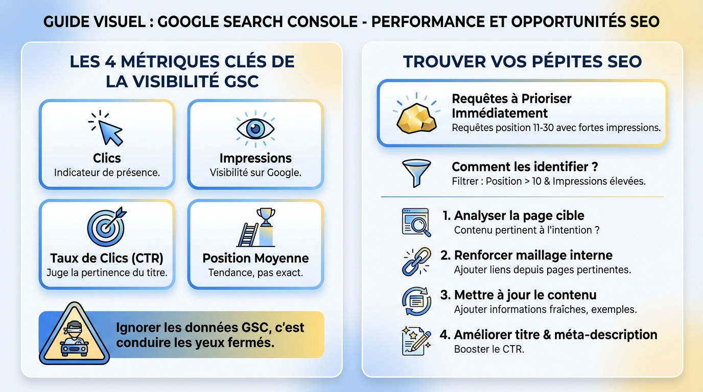 Interface du rapport de performance Google Search Console montrant les courbes de clics et d'impressions