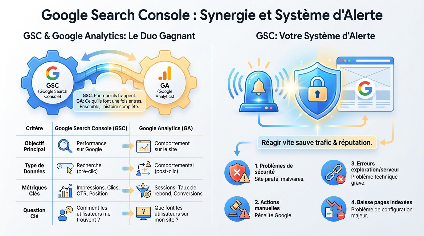 Schéma illustrant la synergie entre Google Search Console et Analytics ainsi que le système d'alerte critique