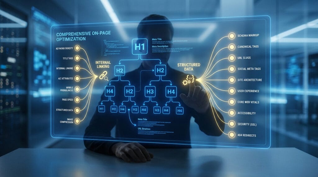 graphique de positionnement SEO — holographic interface for comprehensive on page seo | audit SEO sur mesure en Auvergne-R...
