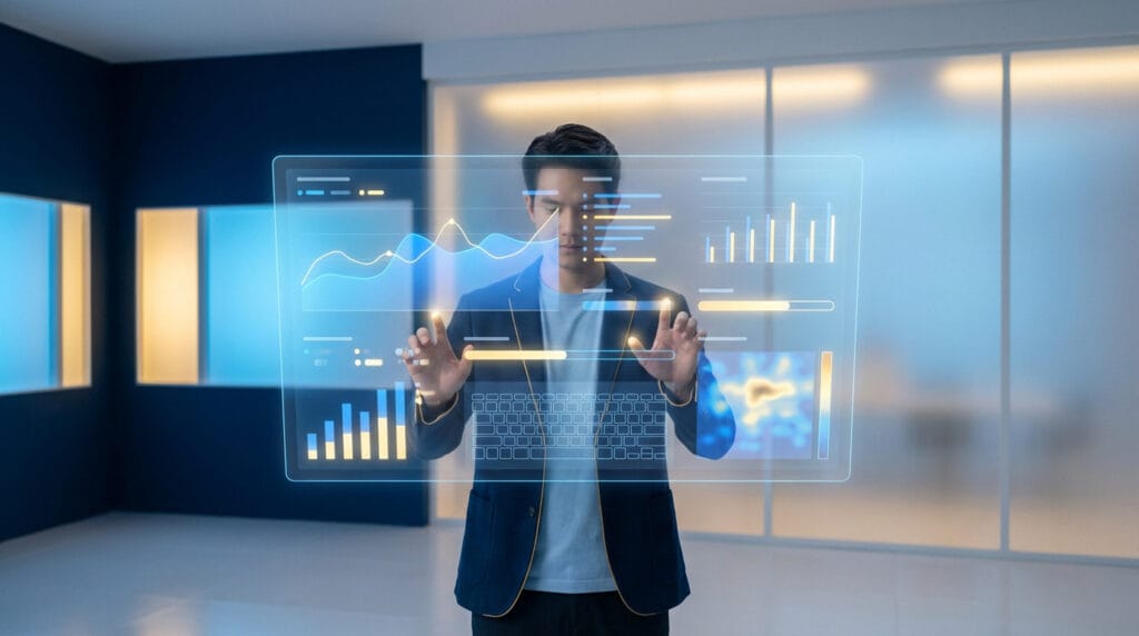 graphique de positionnement SEO — holographic seo data interface | stratégie SEO locale dans le Rhône