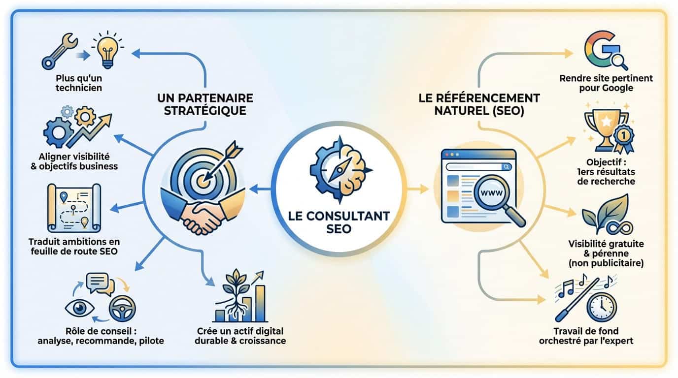 Infographie détaillant le rôle stratégique et les missions d'un consultant SEO pour le référencement naturel