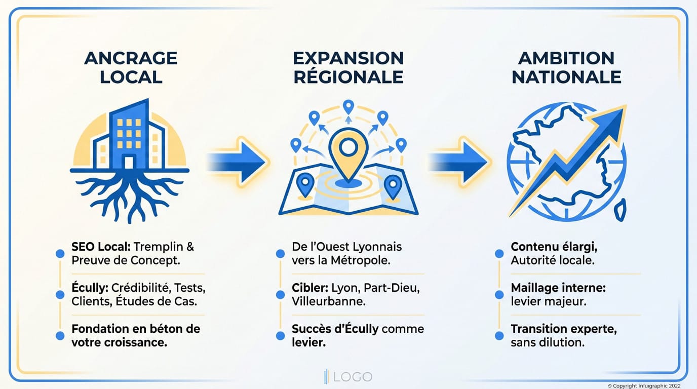 Infographie illustrant les étapes clés pour passer d'une stratégie SEO locale à une visibilité nationale