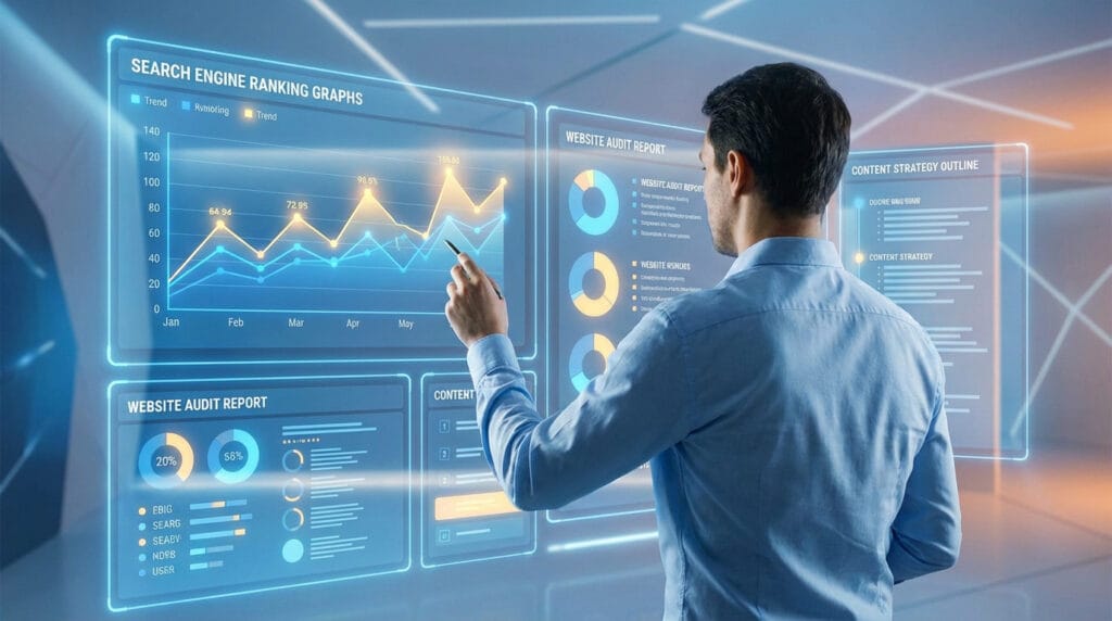 graphique de positionnement SEO — seo strategy analyzing performance with holographic displays | référencement naturel Lyo...