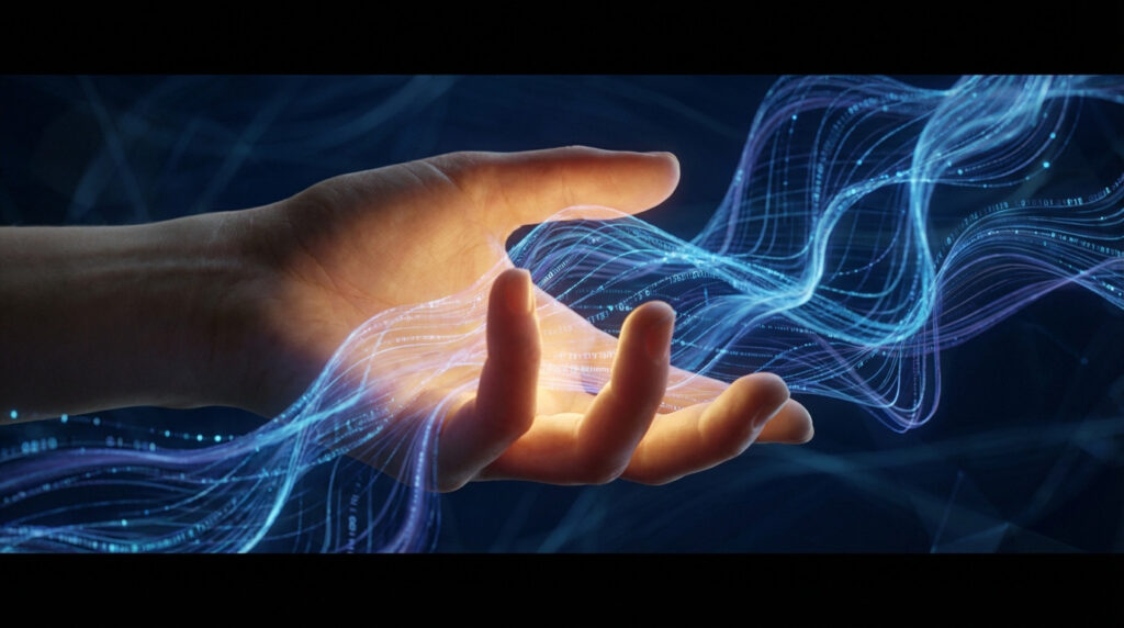 Close-up of a warm-glowing hand shaping complex blue digital data streams against a dark background, symbolizing AI refinement.