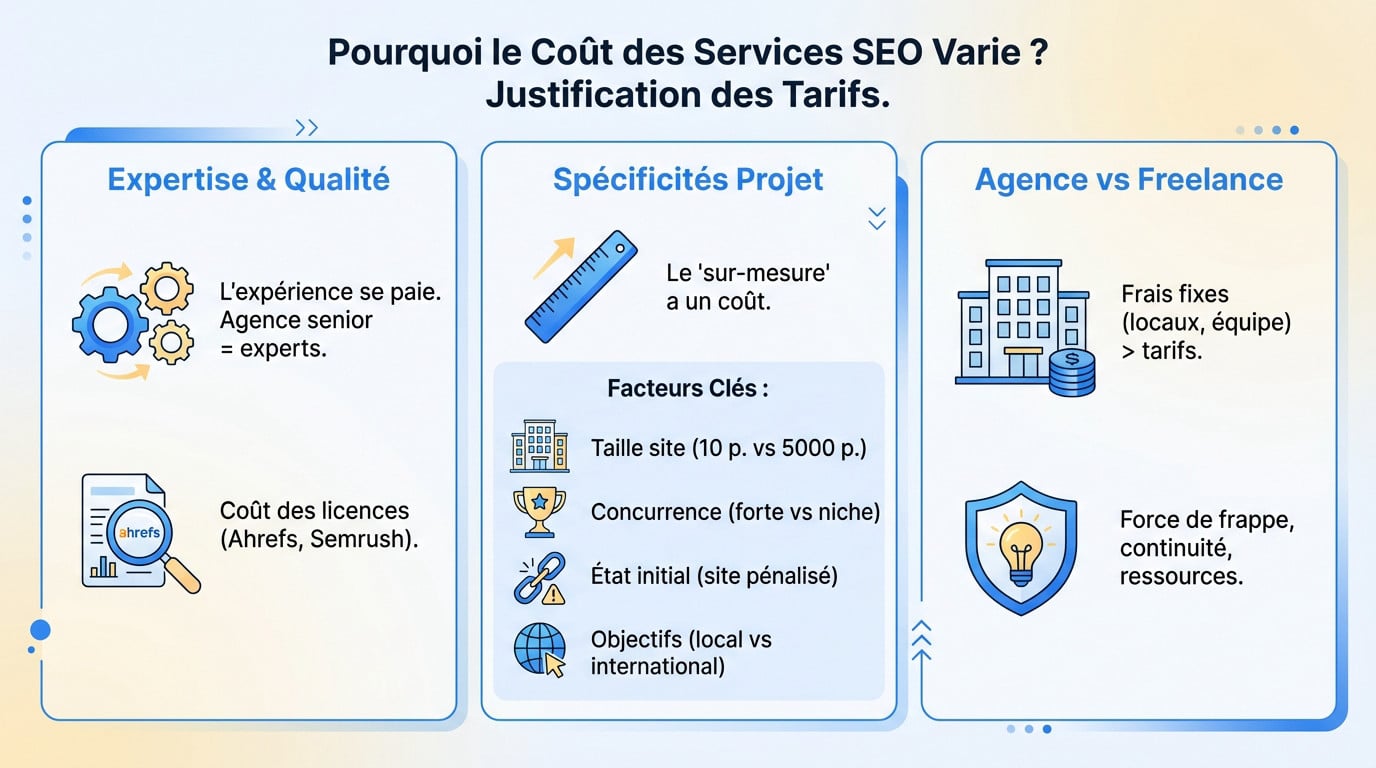 Graphique illustrant la répartition des coûts d'une prestation SEO entre expertise, outils et gestion de projet