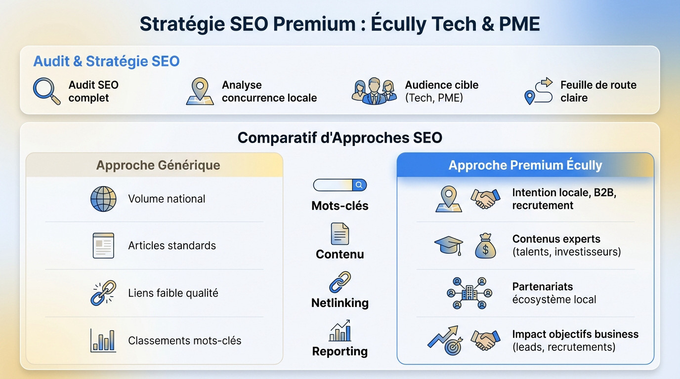 Infographie comparant une stratégie SEO générique et une approche premium adaptée aux entreprises d'Écully