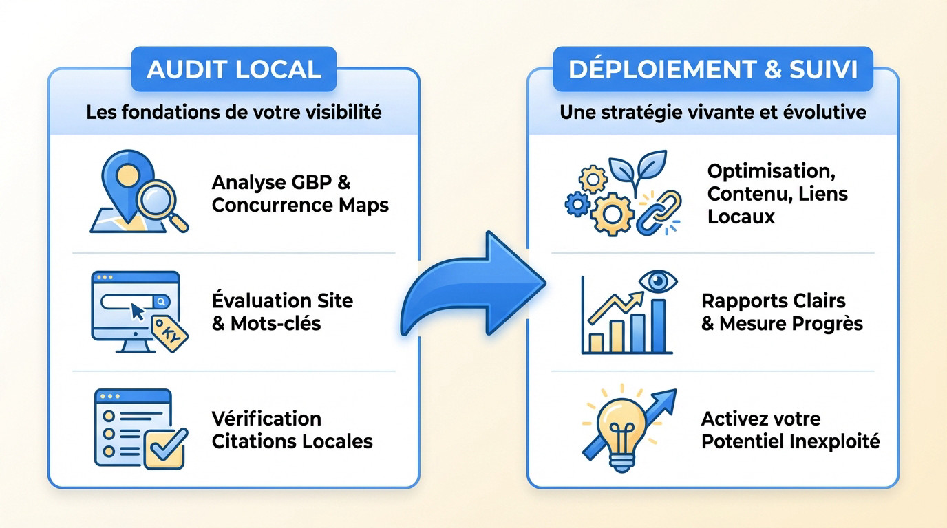 Infographie illustrant le processus de visibilité durable pour une agence SEO à Bron