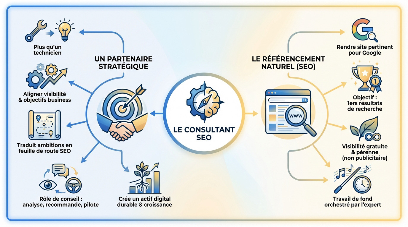 Infographie détaillant le rôle stratégique et les missions d'un consultant SEO pour le référencement naturel