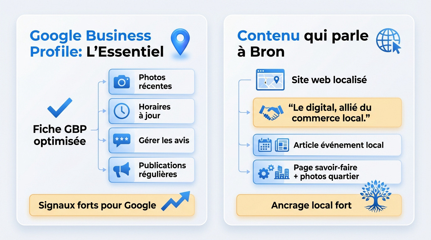 Infographie détaillant les étapes d'optimisation d'une fiche Google Business Profile pour le SEO local à Bron