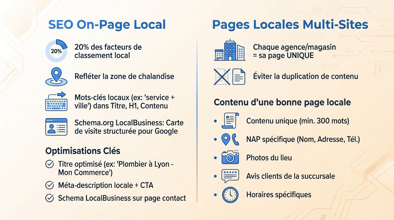 Infographie illustrant l'optimisation on-page et la structure multi-sites pour le SEO local