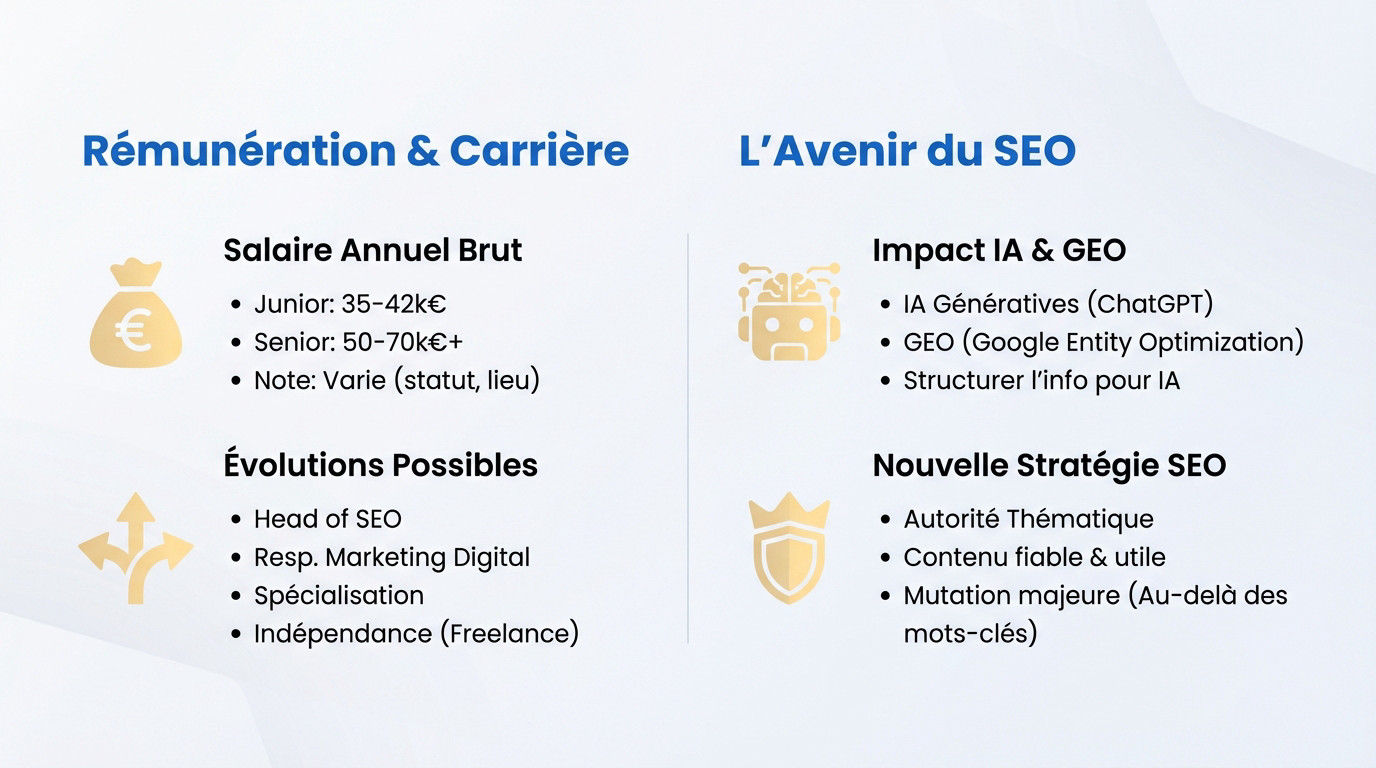 Infographie présentant les salaires et les évolutions de carrière du consultant SEO