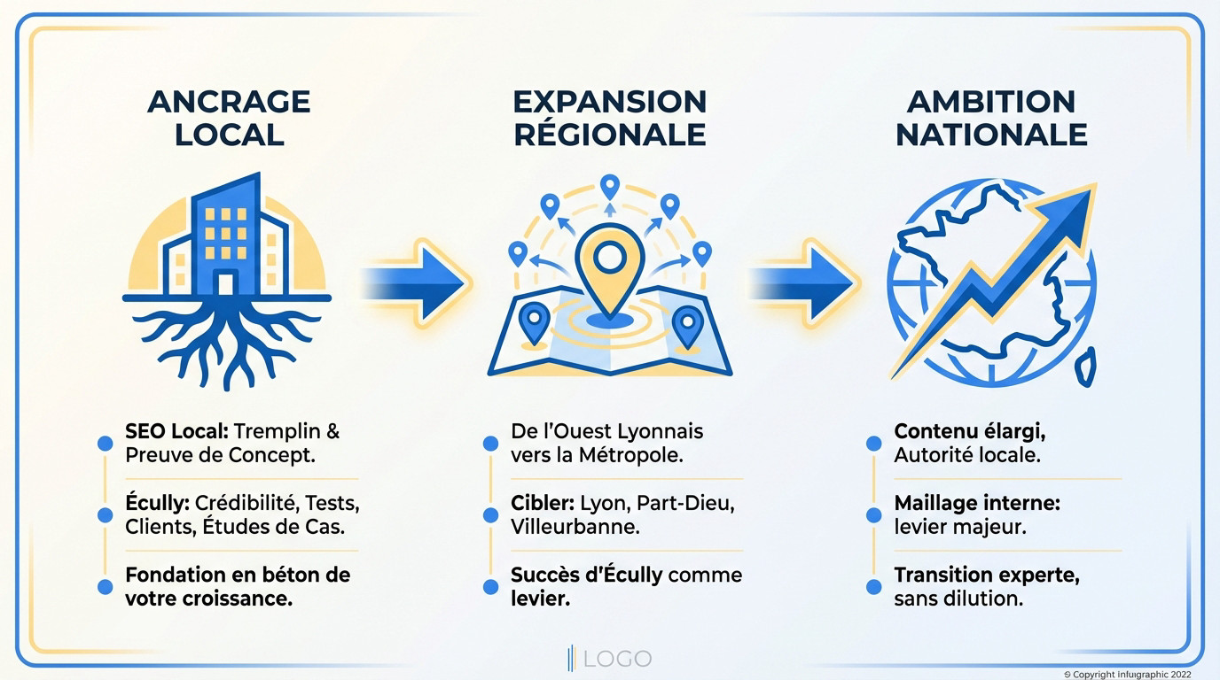 Infographie illustrant les étapes clés pour passer d'une stratégie SEO locale à une visibilité nationale