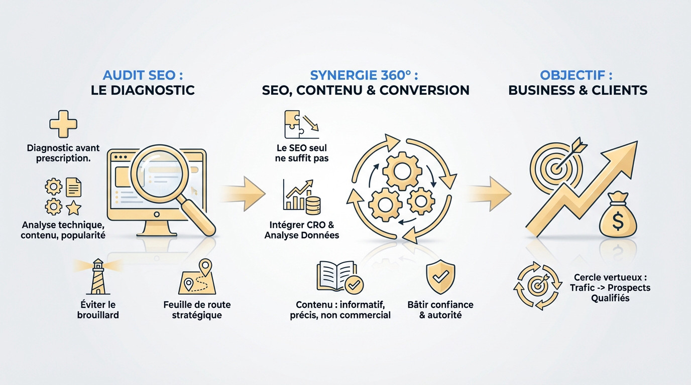 Schéma illustrant la synergie entre visibilité SEO et conversion business pour les entreprises lyonnaises