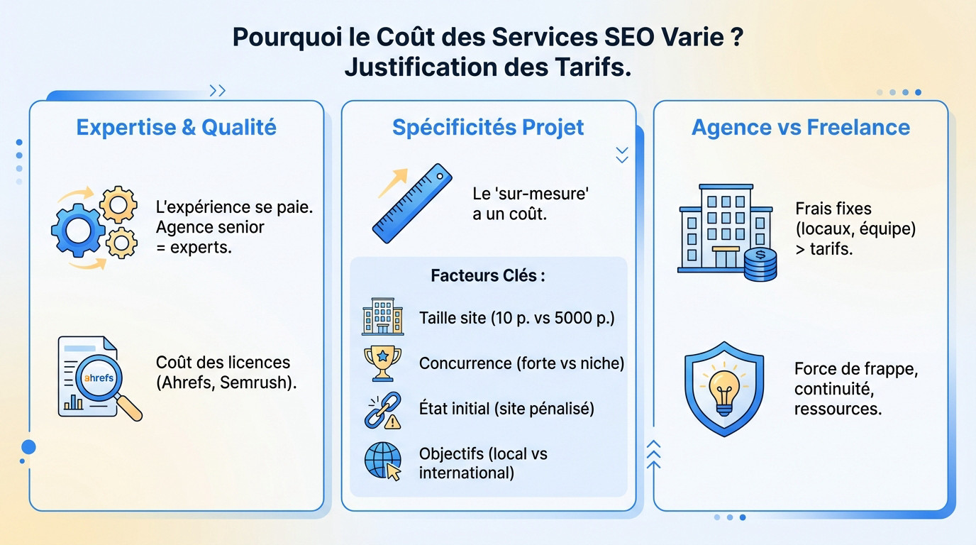 Graphique illustrant la répartition des coûts d'une prestation SEO entre expertise, outils et gestion de projet