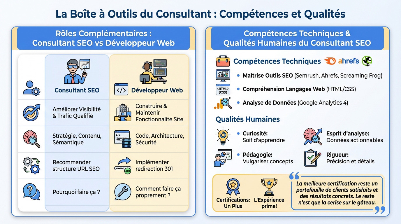 Schéma illustrant les compétences techniques et humaines d'un consultant SEO