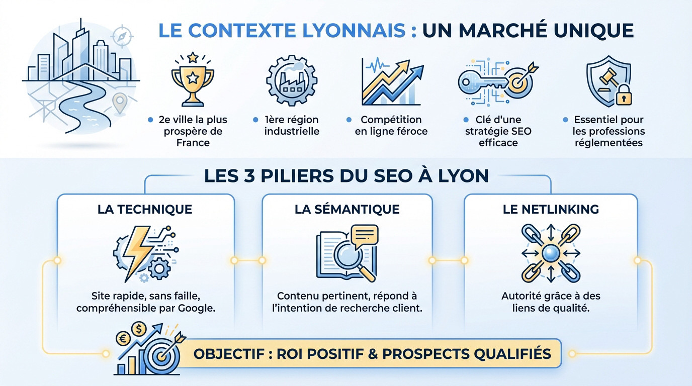 Illustration des trois piliers du SEO à Lyon : Technique, Sémantique et Netlinking