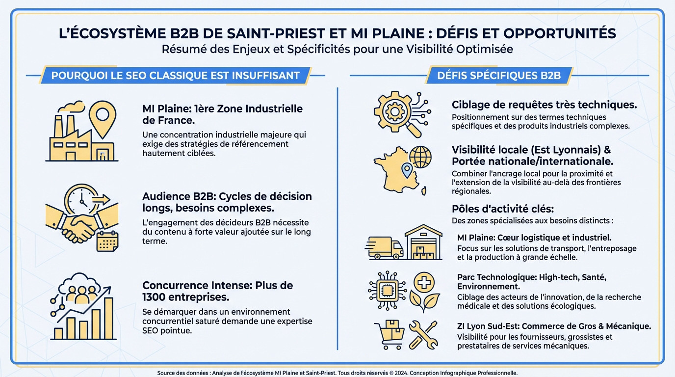 Panorama de l'écosystème B2B à Saint-Priest et MI Plaine illustrant les défis SEO logistiques et industriels