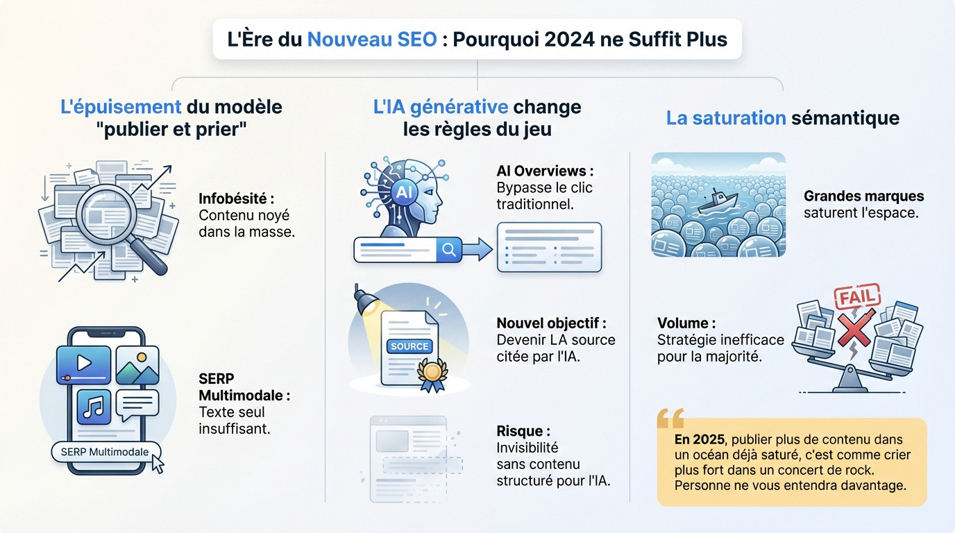 Graphique illustrant l'évolution du SEO et la saturation des contenus face à l'IA