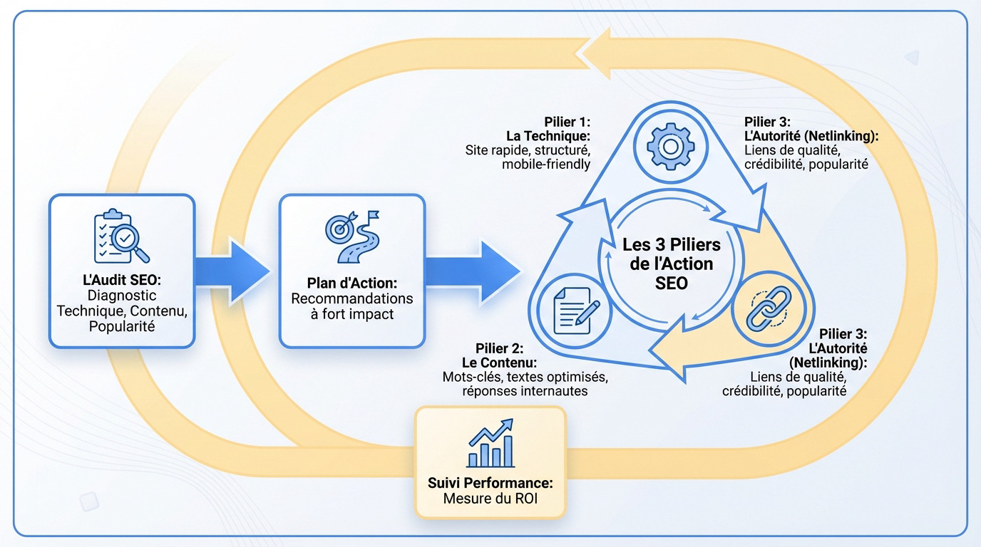 Illustration des missions principales d'un expert SEO : audit, technique, contenu et netlinking