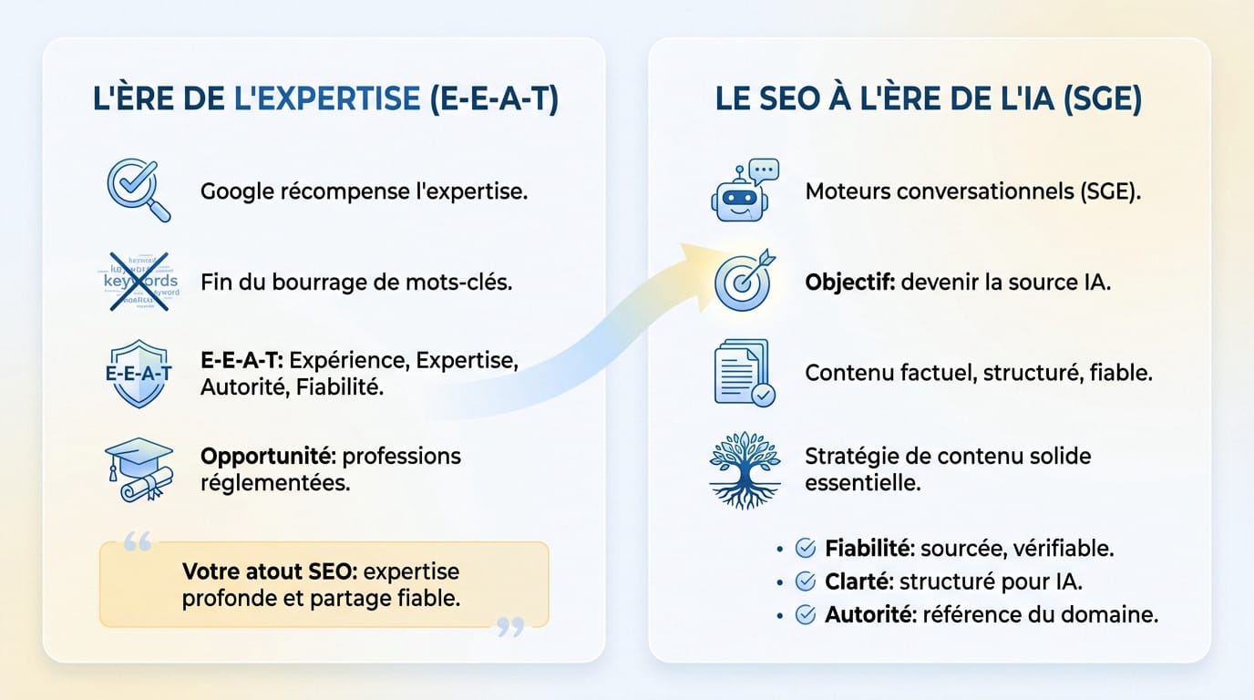 Schéma illustrant l'évolution du SEO vers l'expertise E-E-A-T et l'impact de l'IA SGE sur les résultats de recherche