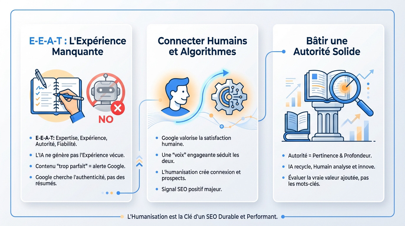 Illustration de l'impact de l'humanisation du contenu sur la performance SEO et la confiance utilisateur