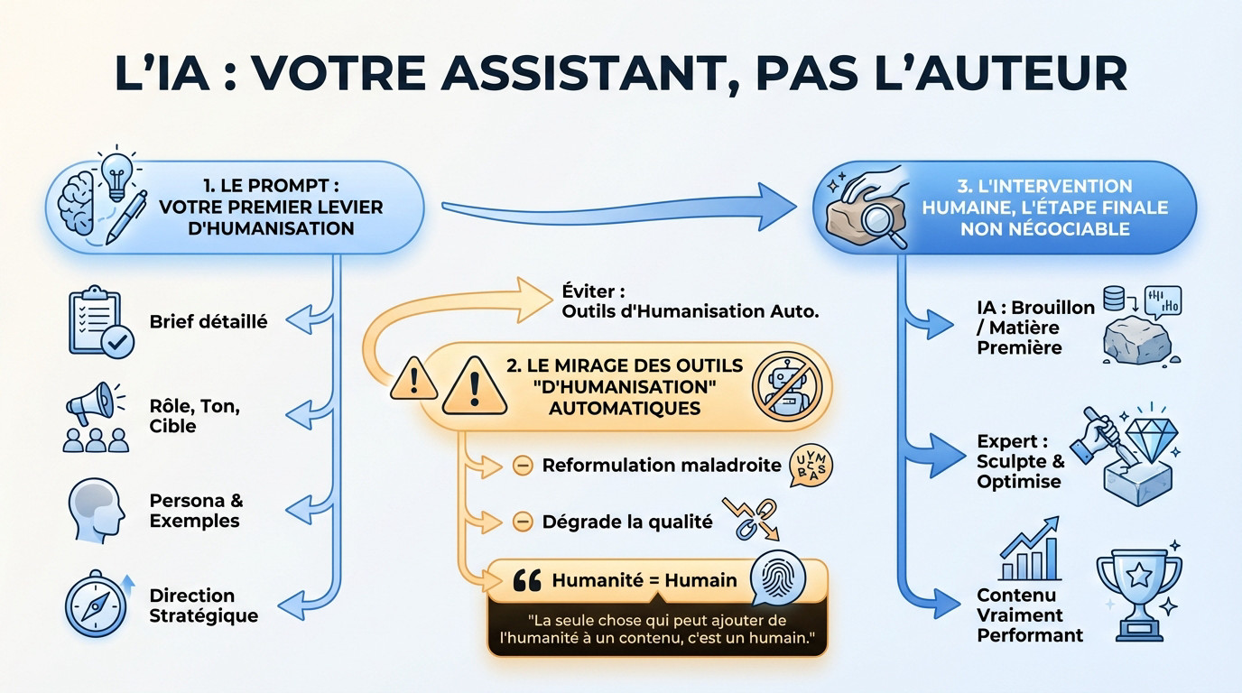 Illustration montrant la collaboration entre l'intelligence artificielle et l'expert humain pour la rédaction web