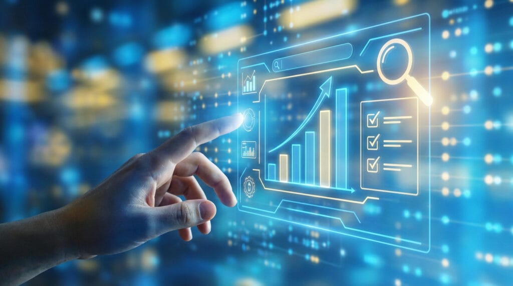 main qui pointe un dashboard SEO holographique avec graphique et checklist, optimisation WordPress Lyon